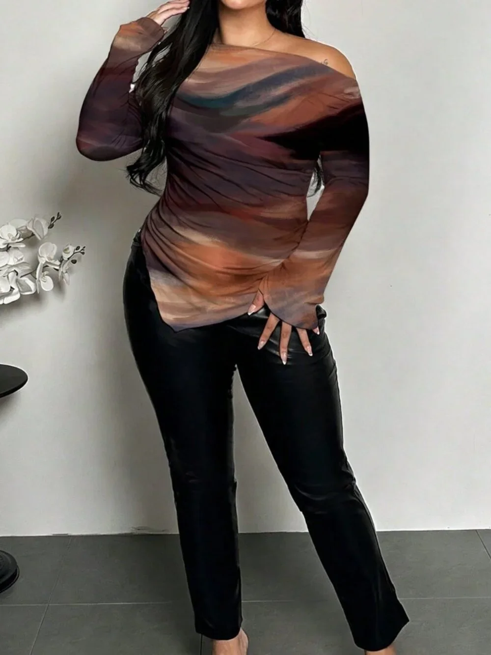Multicolor Casual Women's Trim Ruched Slim Fit Tie-Dye Top